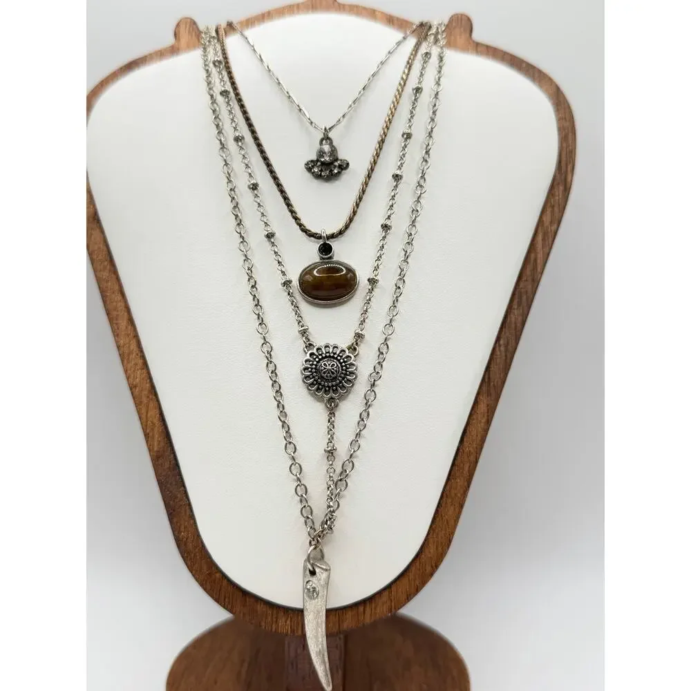 Y2K Layered Mixed Metal Charm Necklace | Faux Tiger Eye & Tusk Pendant